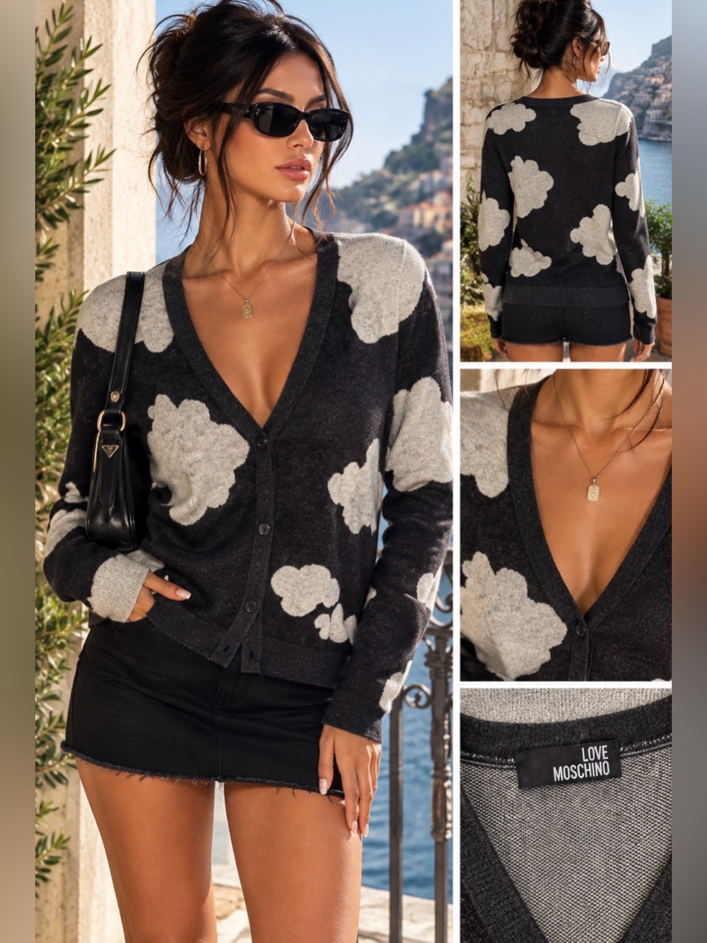 ๐งธโค๏ธ Love Moschino Cashmere Blend Cloud-Pattern V-Neck Cardigan